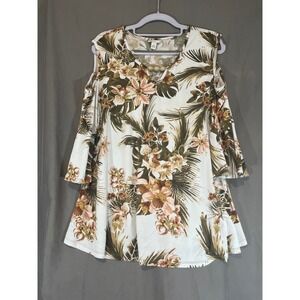 Est 1946 Womens‎ Floral Cold Shoulder Top White Green Tropical Beaded Neck L